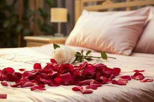 ai généré romantique ambiance Rose pétales épars sur une lit dans une Hôtel pièce ai généré photo