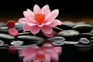 ai généré rose fleur compléments Zen pierre pour une harmonieux et serein atmosphère photo