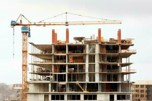 ai généré bâtiment évolution en dessous de construction structure isolé contre une nettoyer blanc Contexte ai généré photo