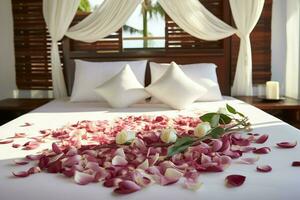 ai généré romantique ambiance Rose pétales épars sur une lit dans une Hôtel pièce ai généré photo