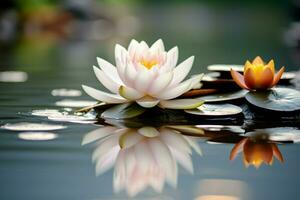 ai généré scénique beauté une lotus fleur avec une pierre sur calme l'eau photo