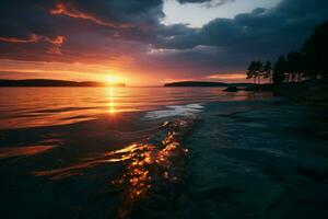 ai généré soir teintes une Stupéfiant le coucher du soleil moulage une chaud lueur sur le paysage ai généré photo