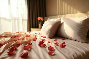 ai généré Hôtel romance lit orné avec Rose pétales création une romantique réglage ai généré photo
