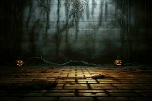 ai généré hanté Halloween foncé horreur Contexte ensembles une mystérieux étape avec en bois planches ai généré photo