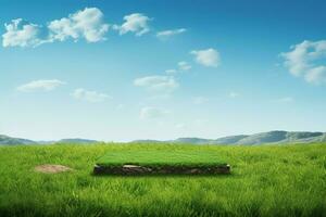 ai généré serein podium le rendu sur atterrir, avec une vert herbe champ photo