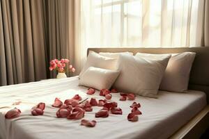 ai généré élégant geste Rose pétales sur le lit ajouter une toucher de luxe et romance ai généré photo