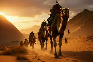 ai généré chameau caravane embarque sur une périple à travers vaste Sahara dunes photo