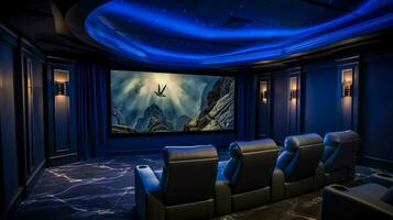 ai généré de luxe Accueil cinéma avec étoilé plafond ambiance et Montagne film scène photo