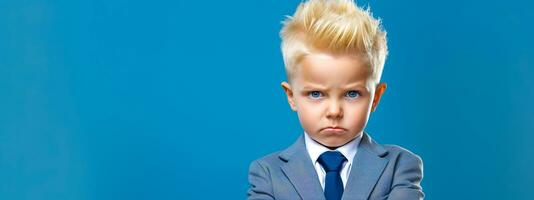 ai généré portrait de en colère et sérieux enfant avec bleu yeux et blond cheveux dans affaires costume, bannière avec copie espace photo