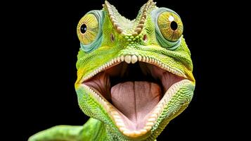 ai généré caméléon avec une grand ouvert bouche, mettant en valeur un expression cette pourrait être anthropomorphisé comme surprise ou étonnement photo