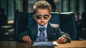 ai généré enfant dans le rôle de un adulte, portant des lunettes de soleil et une costume, regards comme un expérimenté homme d'affaire et patron photo