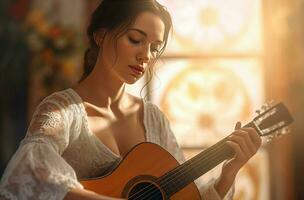 femme dans robe en jouant sur acoustique guitare. produire ai photo