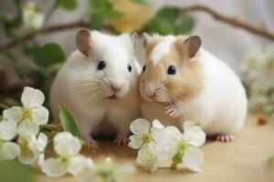 ai généré deux mignonne hamsters dans floral jardin. produire ai photo