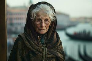 ai généré captivant vieux femme venise. produire ai photo