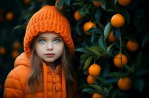 ai généré peu fille Orange vêtements. produire ai photo