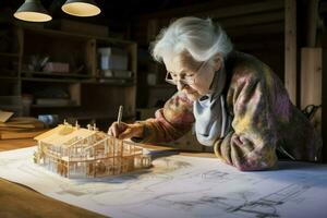 ai généré antique architecte maison plan vieux femme. produire ai photo