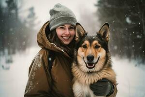 ai généré souriant femme avec chien neigeux hiver portrait. produire ai photo