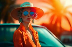 ai généré modèle avec chapeau de soleil dans vibrant rétro futuriste tenue. produire ai photo