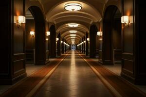 ai généré silencieux intérieur longue Hôtel couloir. produire ai photo