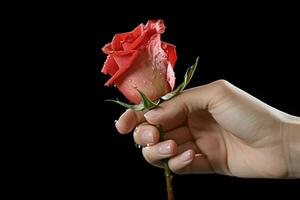 ai généré romantique geste proche en haut de main avec rouge Plastique Rose photo