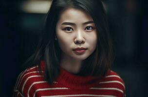 ai généré chinois fille portant rouge rayé chandail. produire ai photo