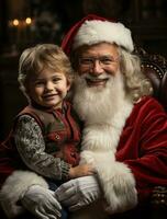 ai généré content enfant rencontrer Père Noël claus sur Noël photo