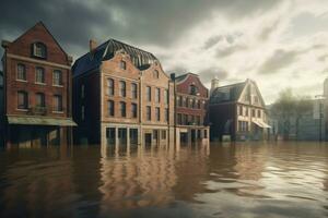 ai généré inondé ville Maisons numérique art. produire ai photo