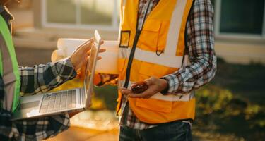 équipe construction ou ingénierie groupe et ouvrier. travail en équipe et détermination à réussir. sécurité difficile chapeau à prévenir accident tandis que travail transport et récipient équipe. concept redémarrer et Nouveau Ordinaire photo