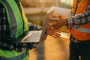 équipe construction ou ingénierie groupe et ouvrier. travail en équipe et détermination à réussir. sécurité difficile chapeau à prévenir accident tandis que travail transport et récipient équipe. concept redémarrer et Nouveau Ordinaire photo