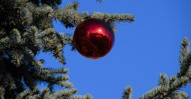 décorations Nouveau année arbre. clinquant et jouets, des balles et autre décorations sur le Noël Noël arbre permanent dans le ouvert air. photo