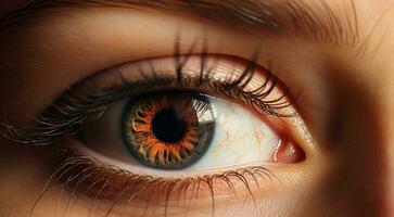 ai généré proche en haut de une femelle œil, élève de œil, fermer de vert coloré œil, coloré œil, magnifique coloré œil proche en haut photo