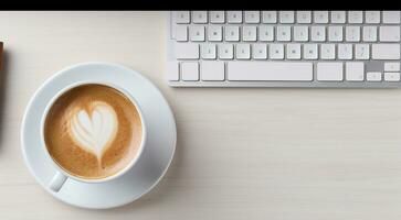 ai généré fermer de tasse de café et portable clavier, affaires mans tableau, clavier sur le tableau, fermer de portable clavier, clavier et tasse de café photo