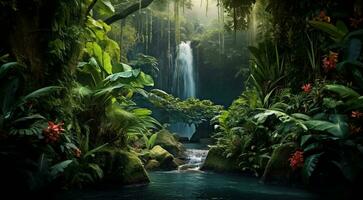 ai généré cascade dans forêt, cascade dans le jungle, tropical paysage dans le jungle, les plantes et vert des arbres dans le jungle, cascade avec Lac dans le forêt photo