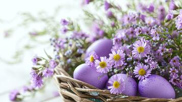 ai généré Pâques panier avec violet des œufs et marguerites, printemps décoration, de fête vacances Contexte. photo
