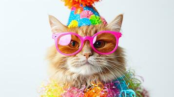 ai généré mignonne chat dans rose des lunettes de soleil et vibrant fête chapeau, idéal pour invitations et animal de compagnie fête Provisions La publicité photo