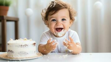 ai généré content de bébé premier anniversaire gâteau briser, joyeux bambin avec désordonné affronter, blanc givré gâteau, fête concept. photo