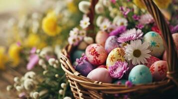 ai généré Pâques panier avec coloré des œufs et fleurs, parfait pour printemps vacances arrière-plans et salutation cartes. photo