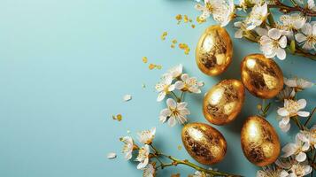 ai généré d'or Pâques des œufs et blanc printemps fleurs sur une doux bleu arrière-plan, idéal pour de fête Pâques dessins et printemps imagerie. photo
