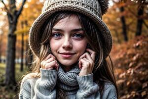 ai généré une mignonne Jeune fille habillé dans charmant l'automne vêtements, numérique art illustration, génératif ai photo