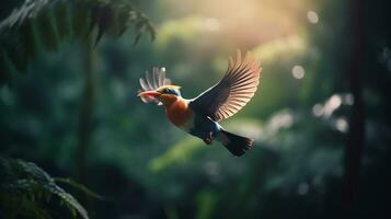 ai généré des oiseaux en volant dans calme paysage, le beauté de la nature dans vibrant couleurs génératif ai photo