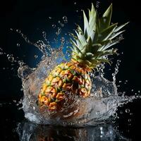 ai généré ananas est tombée dans le l'eau avec éclaboussures noir Contexte photo