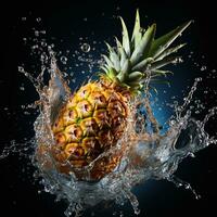 ai généré ananas est tombée dans le l'eau avec éclaboussures noir Contexte photo