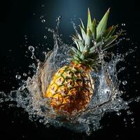 ai généré ananas est tombée dans le l'eau avec éclaboussures noir Contexte photo