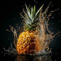 ai généré ananas est tombée dans le l'eau avec éclaboussures noir Contexte photo