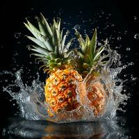 ai généré ananas est tombée dans le l'eau avec éclaboussures noir Contexte photo