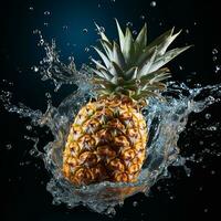 ai généré ananas est tombée dans le l'eau avec éclaboussures noir Contexte photo