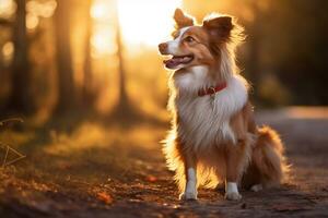 ai généré canin joie dans le soir Soleil marcher avec ample copie espace photo