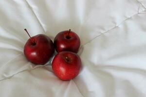 Trois rouge mûr Pomme des fruits sur une matelassé couverture à une côté de image concept pour logo ou titres photo