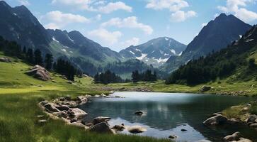 ai généré Lac dans le montagnes, Lac avec forêt, scénique vue de le Lac photo