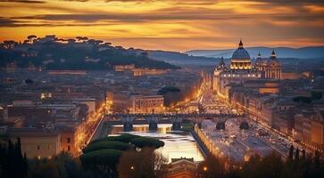 ai généré panoramique vue de Rome, panoramique vue de antique ville Rome, Haut vue de le ville photo